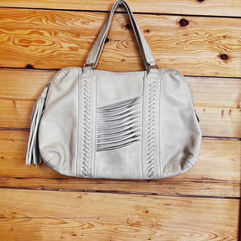 Crown Vintage Cream Leather Fringe Tassel Shoulder Bag Whipstitch Boho‎ Tote